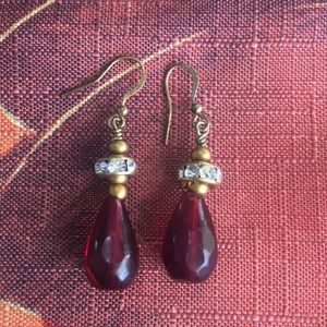 Red glass earrings w rhinestones